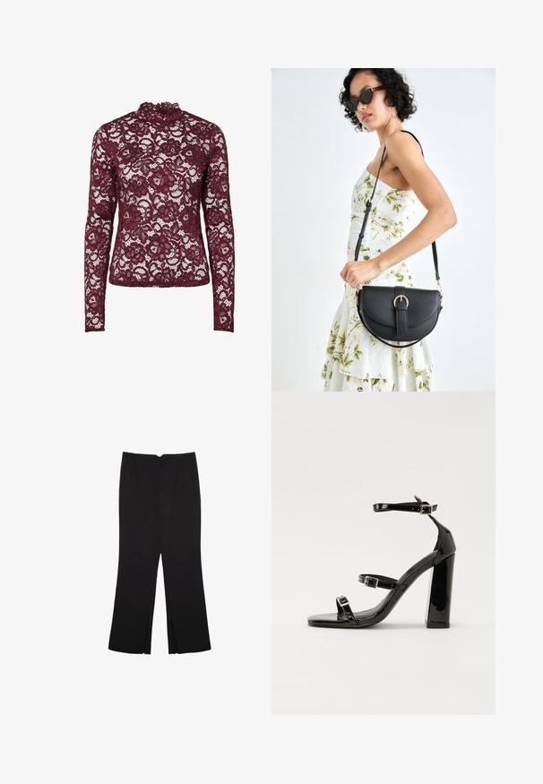 Burgundska čipkasta bluza z dolgimi rokavi in visokim ovratnikom, ki se ponaša z cvetličnimi vzorci in prosojnim, teksturiranim zaključkom po celotni površini.; Črne hlače ravnega kroja z naglavnimi žepi in stranskimi razporki na robu. Narejene iz mehke, gladke tkanine. Primerne za različne priložnosti.; Črne lakirane sandale s peto, kvadratnim prstom, trakovi okrog gležnja in srebrnimi zaponkami. Opremljene so s stabilno Debelo peto.; Črna usnjena torbica s ukrivljeno obliko, z odstranljivo naramnico in zlatimi dodatki. Torbica ima pokrov s podrobnostmi v obliki zaponke.
