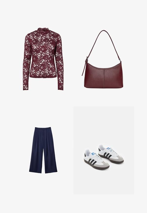 Bordová krajková blúzka s dlhým rukávom a vysokým golierom, so vzormi kvetín a priesvitnou, textúrovanou povrchovou úpravou.; Námornícky modré široké nohavice s pukmi, zapínaním na gombík a pútkami na opasok, zobrazené ležiace na bielom pozadí.; Športové topánky s bielym koženým zvrškom, šedou semišovou špičkou a tromi čiernymi pruhmi. Obsahujú modré logo na jazyku a štruktúrovanú gumovú podrážku.; Bordová kožená kabelka s zakriveným tvarom, s jedným ramenným popruhom a prešitými detailmi v strede. Hladký povrch, minimalistické príslušenstvo.