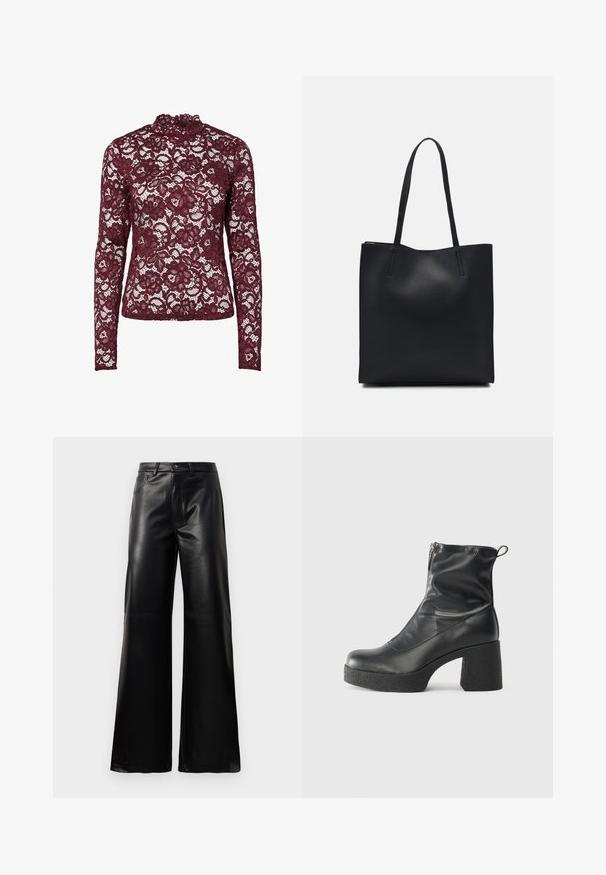 Top lungo in pizzo bordeaux con maniche lunghe e collo alto, caratterizzato da motivi floreali e una finitura trasparente e testurizzata su tutta la superficie.; Pantaloni ampi a vita alta in ecopelle neri con bottone frontale, chiusura con zip, passanti per cintura e tasche laterali su sfondo bianco.; Stivali neri alla caviglia in pelle liscia, con zip laterale, tacco spesso e texture, e punta arrotondata.; Borsa tote in pelle nera con texture liscia, forma rettangolare e due manici lunghi. Nessun hardware o decorazione visibile.