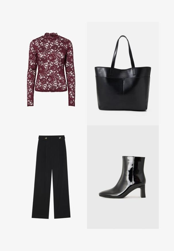 Burgundi csipke, hosszú ujjú felső magas nyakkal, virágmintákkal és átlátszó, texturált felülettel.; Fekete, bő szárú nadrág magas derékkal, gombos részletekkel a derékrészen és elülső pliszékkal.; Fekete lakk bőrcipő bokáig érő, hegyes orral és közepes magasságú tömbsarokkal. Simább textúrával és minimalista dizájnnal rendelkezik.; Fekete bőr bevásárlótáska két hosszú fogantyúval, sima felülettel és strukturált formával. Elülső zseb található rajta a plusz tárolás érdekében.