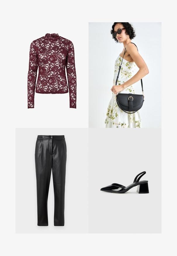 Burgundy lace long-sleeve top with high neck, featuring floral patterns and a sheer, textured finish throughout.; Black leather pants with a smooth texture, straight fit, elastic waistband, and a front button closure; pleated detailing and tapered legs.; Black patent leather slingback heels with a pointed toe and a geometric block heel. Features a sleek, minimal design and smooth texture.; Black leather handbag with a curved shape, detachable strap, and gold hardware. The bag features a flap with a buckle detail.
