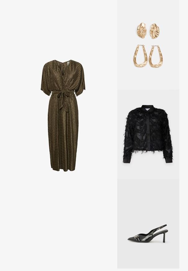 Selected Femme SLFMYLINE FLUFFY CROPPED - Button-down blouse - black; Brown, pleated maxi dress with a V-neck, wide sleeves, and a tied belt at the waist. Smooth texture with a subtle sheen.; Black patent leather slingback shoe with pointed toe, ankle straps featuring silver buckles and hardware, and a slender heel.; Gold metallic handbag with a structured design, smooth texture, and adjustable strap. Features a unique triangular shape and minimalist stitching.; Gold-tone earrings featuring textured, wavy shapes. Includes sculptural clip-on studs and open hoop design with a hammered finish.