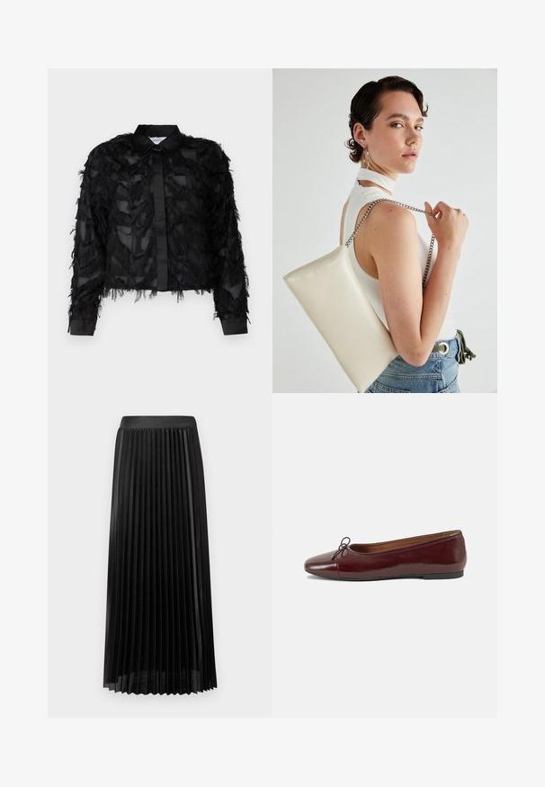 Selected Femme SLFMYLINE FLUFFY CROPPED - Skjortebluse - black; Plisseret svart skjørt med en glatt midje, laget av lett stoff. Har skarpe, vertikale plisser og et design som går til midten av leggen.; Burgunderrød lakk lær ballettleilighet med rund tå, liten sløyfe foran og en lav, svart gummisåle. Glatt tekstur.; Hvit rektangulær clutch-veske laget av blankt materiale, med en sølvkjede-stropp. Modellen poserer og viser vesken mot en ensfarget bakgrunn.