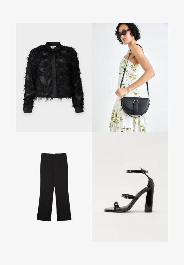 Selected Femme SLFMYLINE FLUFFY CROPPED - Button-down blouse - black; Black trousers with a straight fit, featuring front pockets and side slits at the hem. Made of soft, smooth fabric. Suitable for various occasions.; Black patent high-heeled sandals with two buckle straps, square toe, and a chunky block heel, featuring a smooth, glossy texture.; Black leather handbag with a curved shape, detachable strap, and gold hardware. The bag features a flap with a buckle detail.
