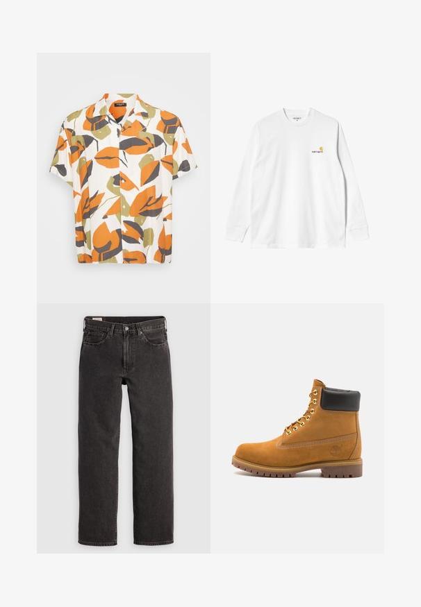 Camicia a maniche corte realizzata in tessuto leggero con uno sfondo bianco e grandi motivi di foglie arancioni, verdi e grigie. Chiusura frontale con bottoni.; T-shirt bianco di cotone a maniche lunghe con collo a girocollo, caratterizzato da un piccolo logo giallo e borgogna sul lato sinistro del petto. Polsini e orlo senza cuciture.; Jeans in denim nero con un design a gamba dritta, cinque tasche e hardware in metallo. Il tessuto ha una leggera texture e una finitura di colore uniforme.; Stivale alla caviglia in suede tan con collare imbottito nero, occhielli in metallo dorato, dettagli in cucitura bianca e suola in gomma robusta con battistrada pronunciato.