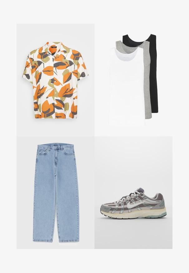 Kurzarmpuller aus leichtem Stoff mit weißem Hintergrund und großen orangefarbenen, grünen und grauen Blättern. Mit Knopfleiste vorne.; Drei Tanktops in Weiß, Grau und Schwarz. Jedes hat ein klassisches ärmelloses Design und besteht aus leichtem Baumwollstoff mit einer Rippstruktur.; Hellblaue Jeans aus Denim mit geradem Bein, ausgestattet mit einer mittelhohen Taille, fünf Taschen sowie einem Knopf- und Reißverschluss.; Grauer Sportschuh mit einem Obermaterial aus Mesh und Wildleder, weißen Akzenten, einer gepolsterten Sohle und einem charakteristischen Design mit reflektierenden Elementen.