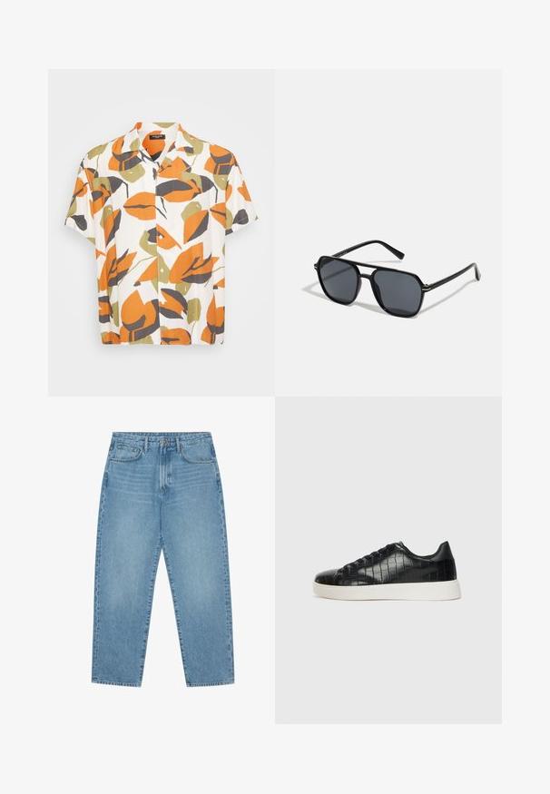 Kurzarmpuller aus leichtem Stoff mit weißem Hintergrund und großen orangefarbenen, grünen und grauen Blättern. Mit Knopfleiste vorne.; Hellblaue Jeans im weit geschnittenen Stil mit hoher Taille, ausgestattet mit fünf Taschen, Gürtelschlaufen und einer weichen, leicht verblassten Textur.; Schwarze Sneakers mit einer strukturierten, krokodilPrägung aus Leder, runder Zehenpartie und einer kontrastierenden weißen Gummisohle mit glatter Oberfläche.; Schwarze Sonnenbrille mit achteckigem Rahmen, dunklen Gläsern, glänzender Oberfläche, dünnen Bügeln und goldenen Akzenten auf der Vorderseite.