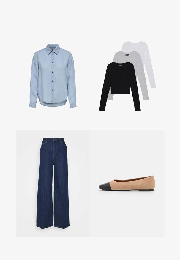 Light blue denim shirt with a button-up front, classic collar, and long sleeves. Features a relaxed fit and rounded hemline.; Three long-sleeve tops stacked: black, grey, and white. Each has a round neckline and a cropped design with smooth, lightweight fabric.; High-waist wide-leg dark blue denim jeans with front and back pockets, button closure, and visible stitching details.; Beige suede ballet flat with a black leather rounded toe cap, low heel, and smooth texture, featuring minimal stitching and a clean design.