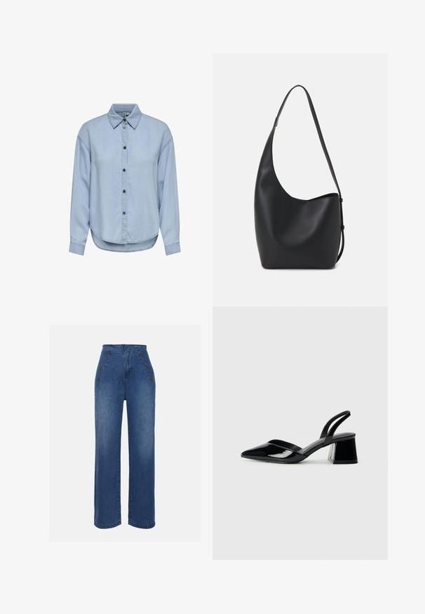 Lyseblå denimskjorte med knappefront, klassisk krage og lange ermer. Har en avslappet passform og avrundet nederkant.; Høyt midje denimjeans i middels blå. Har knappedetaljer foran og bred benstil. Stoffet har en glatt tekstur med lett falming.; Svarte patentlær slingback hæler med spiss tå og geometrisk blokk hæl. Har et stilrent, minimalistisk design og jevn tekstur.; Svart lær hobo-veske med glatt tekstur, buet form og enkelt justerbart stropp; har en bred åpning på toppen.
