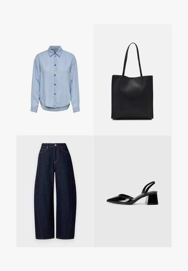 Lichtblauwe denimshirt met een knoopsluiting aan de voorkant, klassieke kraag en lange mouwen. Heeft een ontspannen pasvorm en een afgeronde zoom.; Brede donkerblauwe denim broek met contrasterende oranje stiksels, vijf zakken en een knoop- en ritssluiting aan de taille.; Zwarte gepatineerde leren slingback hakken met een spitse neus en een geometrische blokhak. Kenmerkt zich door een slank, minimalistisch ontwerp en een gladde textuur.; Zwarte leren handtas met een gladde textuur, rechthoekige vorm en twee lange handvaten. Geen zichtbare hardware of versieringen.