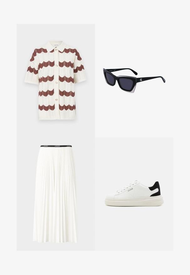 Cardigan a maniche corte lavorato a maglia con un motivo ondulato in marrone scuro e crema, dotato di colletto e chiusura con bottoni. Tessuto testurizzato.; Gonna bianca plissettata con elastico nero in vita che presenta il logo "LACOSTE". Design di lunghezza media con texture morbida.; Sneaker bianchi in pelle con suola spessa bianca, accento in suede nero sul tallone e logo impresso sul lato. Design con lacci e sei fori per i lacci.; Occhiali da sole oversize neri dalla forma geometrica, con lenti scure e un dettaglio grigio a contrasto sulla montatura. Logo sul braccio.
