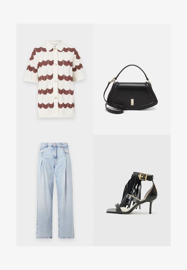 Knit short-sleeve cardigan featuring a wavy pattern in dark brown and cream, with a collar and button-down front. Textured fabric.; Light blue denim jeans with a high waist, wide-leg cut, two side pockets, and pleated design feature. Soft texture with a faded finish.; Black high-heeled sandal with fringed detail, ankle strap featuring gold hardware, flat square toe, and two crossing straps across the vamp.; Black leather handbag with a structured design, featuring a cropped shape, top handle, and gold hardware accent. Adjustable shoulder strap included.