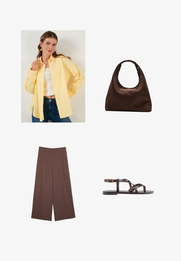 LELA LOOSE FIT - Bluza z gumbi - yellow; Rjave široke hlače z gladko teksturo, ki imajo visok pas in sprednje naborke. Tkanina je lahka in prosto pada.; Rjav usnjen sandal z načinom prečnega črta, zaklepom okoli gležnja in ravnim podplatom z minimalnimi šivi.; Mehakna rjava torbica v hobo stilu z enim širokim trakom in ukrivljenim odprtjem na vrhu, prikazana na beli podlagi.