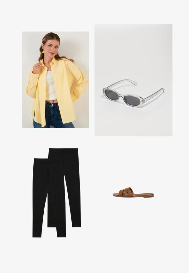 LELA LOOSE FIT - Camicia - yellow; Leggings neri realizzati in tessuto elastico, con una vita senza cuciture e un design slim fit, adatti per l'abbigliamento casual o per l'esercizio.; Sandalo in pelle marrone con fasce incrociate, suola piatta e una texture liscia. Design semplice senza decorazioni o motivi.; Occhiali da sole con forma ovale, montatura in plastica trasparente, lenti grigie scure e aste sottili trasparenti con accenti di logo e dettagli minimi.; Borsa a tracolla in pelle marrone con motivo logo, tracolla in catena dorata, chiusura con zip e dettagli in metallo dorato. Forma compatta e rettangolare.