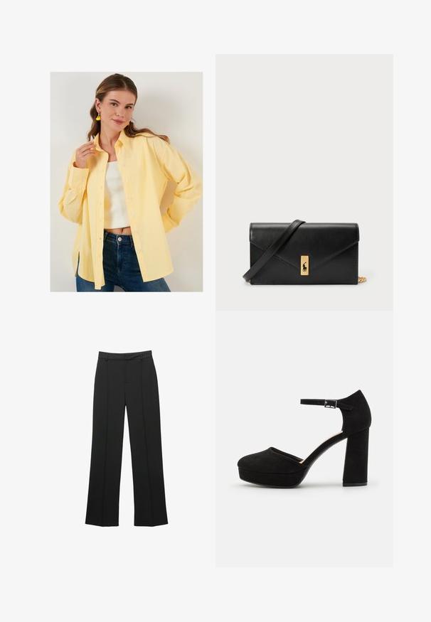 LELA - Bluzka; Czarne spodnie o prostych nogawkach wykonane z gładkiej tkaniny, z płaskim przodem, szlufkami na pasek oraz bez widocznych kieszeni, o dopasowanym kroju.; Czarne zamszowe szpilki na platformie z grubym słupkowym obcasem, zaokrąglonym noskiem i paskiem wokół kostki zabezpieczonym metalowym klamrem. Gładka faktura na całej powierzchni.; Czarny skórzany portfel z klapą, złotą okuciami, z akcentem logo. Zawiera odpinany pasek do noszenia.
