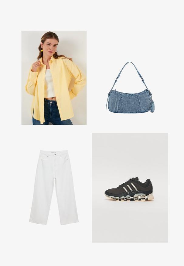 LELA LOOSE FIT - Hemdbluse - yellow; Weiße Jeans im weit geschnittenen Design aus Denim mit hoher Taille, ausgestattet mit fünf Taschen und Metallbeschlägen. Glatte Textur, keine sichtbaren Muster.; Schwarzer Sportschuh mit einer strukturierten Oberseite, drei silbernen Streifen und einer markanten Dämpfungssohle mit mehreren integrierten Sektionen.; Denim-Handtasche mit geschwungener Form, hellblauer Farbe, verstellbarem Schultergurt und einem kleinen abnehmbaren Täschchen mit metallischen Akzenten.