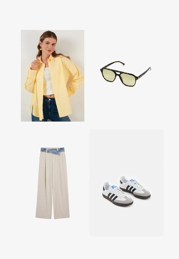 LELA LOOSE FIT - Skjortebluser - yellow; Lys beige vidde bukser med en denimlivrem, der har to knapper og plisserede frontdetaljer. Glat tekstur og afslappet pasform.; Sportsko med en overdel i hvid læder, grå ruskind på tåen og tre sorte striber. Har et blåt logo på tungen og en struktureret gummisål.; Skildpaddemønstrede solbriller med rektangulær form, grønfarvede linser og mønstrede acetatstel. Har metaldetaljer nær linserne.