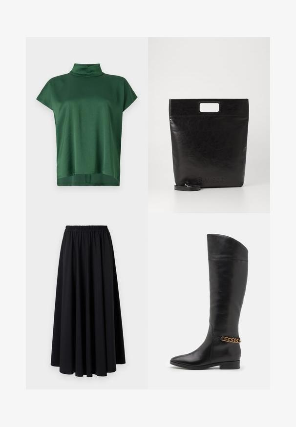 Zelený krátký rukáv top s imitovaným límcem, vyrobený z hladké tkaniny. Má uvolněný střih a jemný lesk, s uzávěrem na zadní části krku.; Černá dlouhá sukně vyrobená z měkké tkaniny s širokým, nařaseným elastickým pasem a hladkým, splývavým designem. Bez vzorů nebo akcentů.; Vysoké černé kožené boty s elegantním designem, špičatou špičkou a zlatým řetízkem na kotníku. Nízký blokový podpatek. Hladká textura.; Černá kožená taška přes rameno se čtvercovou rukojetí, s texturovaným povrchem a embosovaným logem. Obsahuje odnímatelný popruh.