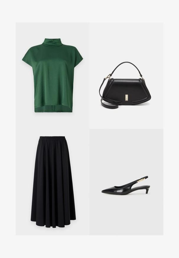 Grünes Kurzarmtop mit einem Stehkragen, aus glattem Stoff gefertigt. Hat eine lockere Passform und einen subtilen Glanz, mit einem Verschluss am hinteren Kragen.; Schwarzer, bodenlanger Rock aus weichem Stoff mit breitem, gerafftelastischem Bund und glattem, fließendem Design. Keine Muster oder Akzente.; Schwarze Leder-Slingback-Pumps mit spitzem Schuhblatt, ausgestattet mit einem schlanken Absatz und einem goldfarbigen Akzent am verstellbaren Riemen. Glatte Textur.; Schwarze Lederhandtasche mit einem strukturierten Design, das eine verkürzte Form, einen oberen Griff und goldfarbene Hardware-Details aufweist. Verstellbarer Schulterriemen ist enthalten.