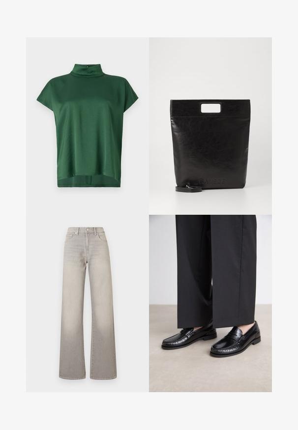 Grønn kortermet topp med høy krage, laget av glatt stoff. Har en avslappet passform og en subtil glans, med lukking bak på kragen.; Grå vide ben jeans med en falmet finish, knaplukning, fem-lomme design og stikninger langs sømmen.; Sorte skinnloafere med en glatt overflate, sydd detaljer rundt tåen, og en lav gummisåle. Kombinert med vide svarte bukser.; Svart lær tote veske med firkantet håndtak, med teksturert overflate og preget logo. Inkluderer en avtagbar stropp.