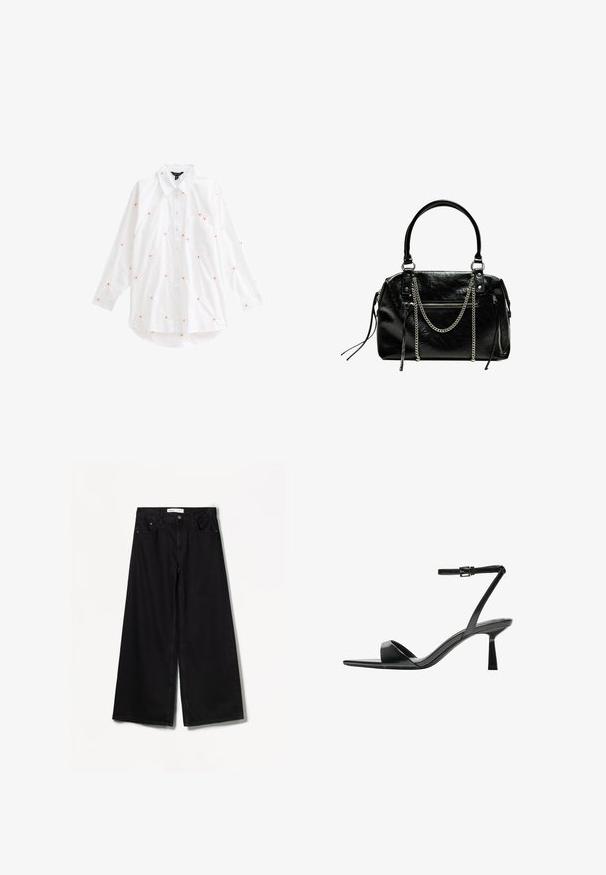 New Look DAISY EMBROIDERED LONG SLEEVE - Button-down blouse - white pattern; Bershka WIDE-LEG - Wide Leg - black; Bershka High heeled sandals - black; Bershka WITH CHAIN - Handbag - black