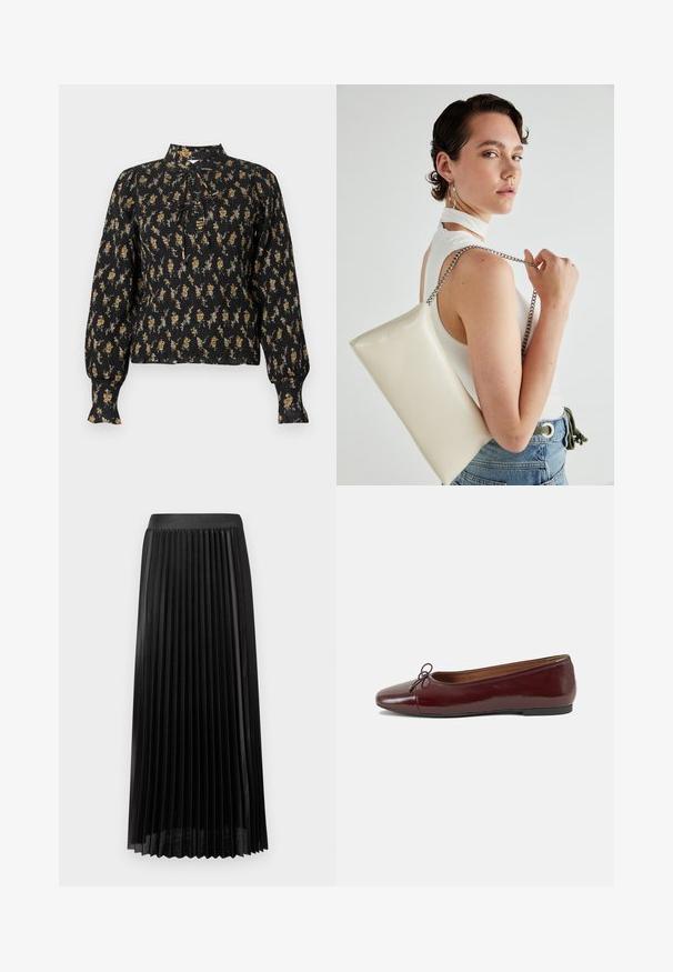 Svart bluse med lange ermer, oransje og beige blomsterpattern, rynket tekstur, høy hals og knytebånd foran.; Plisseret svart skjørt med en glatt midje, laget av lett stoff. Har skarpe, vertikale plisser og et design som går til midten av leggen.; Burgunderrød lakk lær ballettleilighet med rund tå, liten sløyfe foran og en lav, svart gummisåle. Glatt tekstur.; Hvit rektangulær clutch-veske laget av blankt materiale, med en sølvkjede-stropp. Modellen poserer og viser vesken mot en ensfarget bakgrunn.
