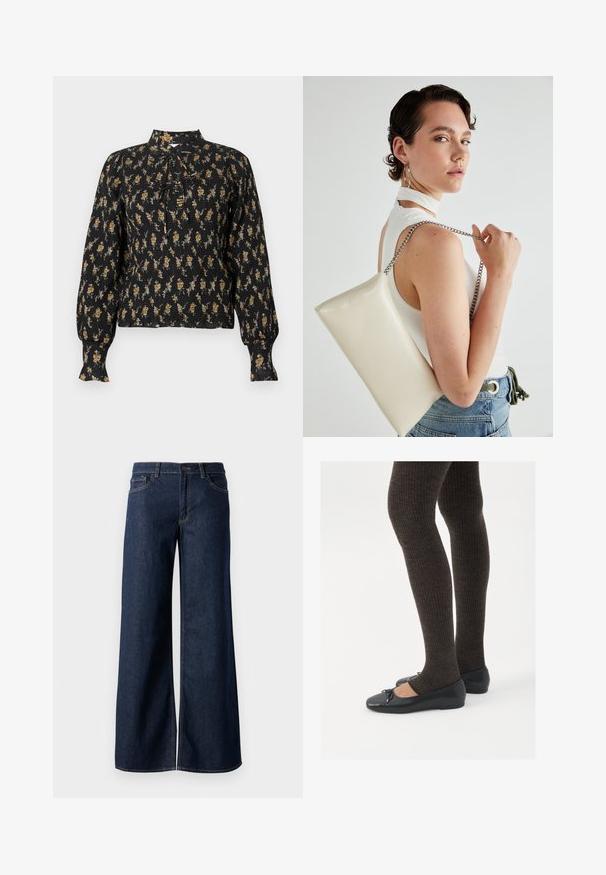 Black long-sleeve blouse with orange and beige floral pattern, smocked texture, high neck, and tie details at the front.; Wide-leg jeans in dark blue denim. Features contrast stitching, five pockets, and a button closure at the waist. Smooth texture.; Black flat shoes with a small bow detail at the toe, paired with dark brown ribbed tights. Shoes have a smooth texture and low profile.; White rectangular clutch bag made of glossy material, featuring a silver chain strap. Model poses, showcasing the bag against a plain background.