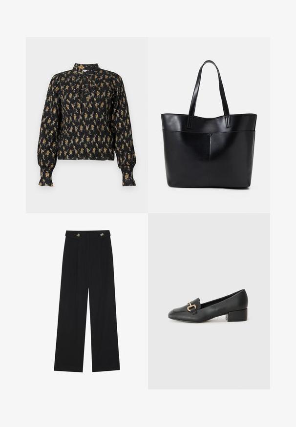 Blusa preta de manga comprida com padrão floral em laranja e bege, textura franzida, gola alta e detalhes de laço na parte da frente.; Calças largas pretas com cintura alta, detalhes em botão na cintura e pregas frontais.; Mocassins de couro preto com um salto baixo, apresentando um detalhe decorativo em metal dourado na parte da frente e uma textura suave.; Bolsa tote preta em couro com duas alças longas, textura suave e forma estruturada. Apresenta um bolso frontal para armazenamento adicional.