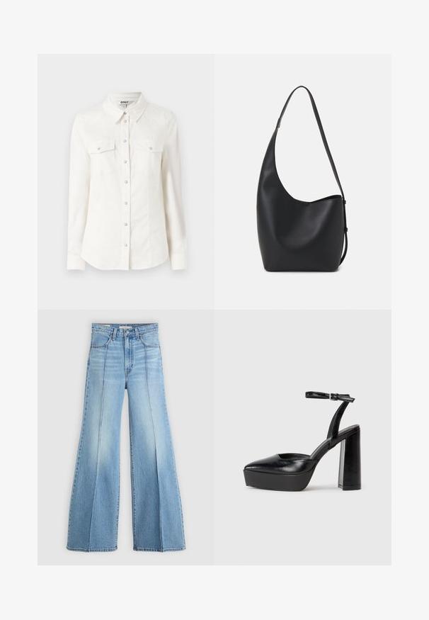 Hvit langermet skjorte med krage, som har to brystlommer og sølvfargede knapper. Laget av et glatt, lett stoff.; Lyseblå høytlivsjeans med vide ben, front- og baklommer, beltehemper og vertikale sømdetaljer foran.; Sorte plattformhelter med spiss tå og justerbar ankelrem. Laget av glatt lær, med en robust blokkhel.; Svart lær hobo-veske med glatt tekstur, buet form og enkelt justerbart stropp; har en bred åpning på toppen.