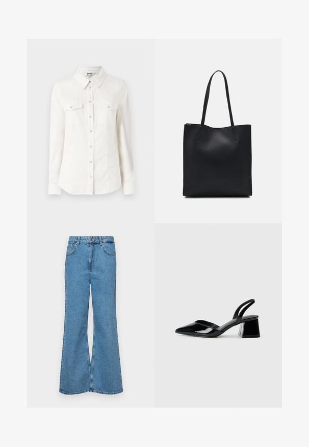 Hvid skjorte med lange ærmer og krave, med to brystlommer og sølvfarvede knaplukninger. Fremstillet af et glat, let vævet stof.; Lysblå flagrende jeans lavet af denim, med høj talje, fem lommer og en enkelt knaplukning. Blød tekstur med en falmet finish.; Sorte patentlæder slingback hæle med spids tå og en geometrisk blok hæl. Har et elegant, minimalistisk design og en glat tekstur.; Sort læder tote taske med glat tekstur, rektangulær form og to lange hanke. Ingen synlig hardware eller udsmykninger.
