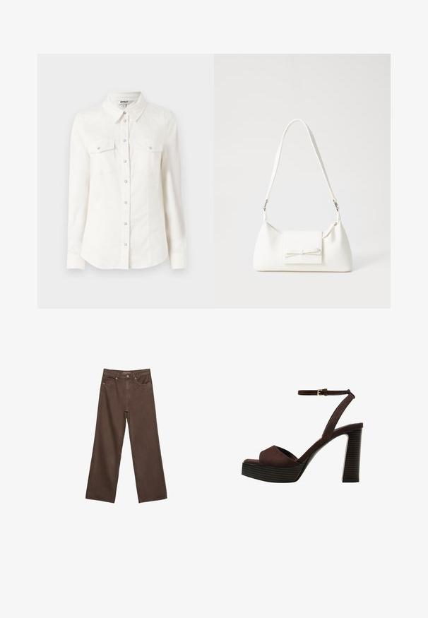 Biela košeľa s dlhým rukávom a golierom, s dvoma náprsníkovými vreckami a striebornými gombíkmi. Vyrobená z hladkej, ľahkej tkaniny.; Džínsy s širokými nohavicami v hnedej farbe, vyrobené z denimu, so zvýšeným pásom, prednými vreckami a klasickým zapínaním na gombík. Hladká textúra s jemným prešívaním.; Hnedé semišové sandále na vysokom podpätku s otvorenou špičkou, nastaviteľným členkovým remienkom a pruhovanou platformovou podrážkou.; Biela syntetická kabelka s trojuholníkovým tvarom, plochým predným klapkou a detailom mašle, nastaviteľným popruhom, hladkou textúrou a minimalistickým dizajnom.