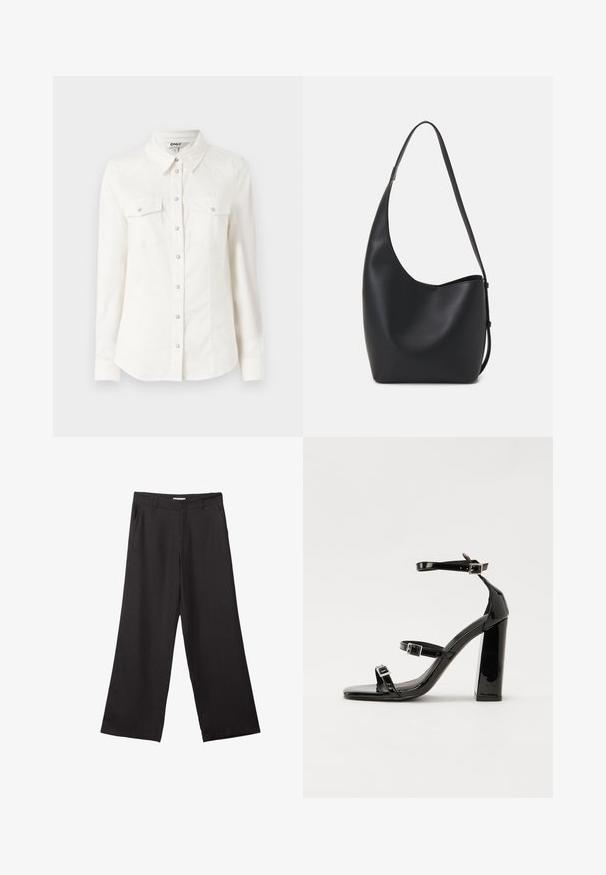 Hvid skjorte med lange ærmer og krave, med to brystlommer og sølvfarvede knaplukninger. Fremstillet af et glat, let vævet stof.; Sorte bukser med vidde, lavet af glat stof, med en frontlynlås og to sidelommer, i en skræddersyet pasform og minimalistisk design.; Sorte patenterede hælsandaler med firkantet tå, ankelremme og sølvspænder. Har en chunky blokHæl for stabilitet.; Sort læder hobo taske med en glat overflade, buet form og en enkelt justerbar rem; har en bred åbning øverst.