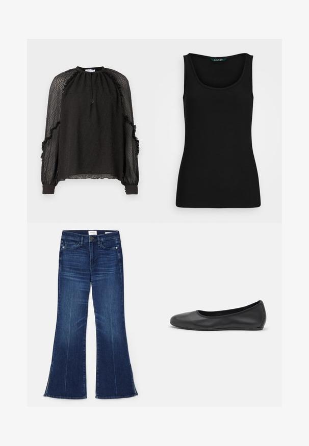 Hofmann Copenhagen XENIA - Pluus - black; Must riibuline tuunikas ümarate kaelustega, vormatud lõikega ja õmblusteta servadega. Kanga materjal on pehme ja veniv. Etikett ütleb "LAUREN."; Tumedat sinised laiad teksad, mis on valmistatud denimist. Omavad kõrget vööd, eesmine taskud ja lõhikud hemmi juures. Klassikaline viie-tasku disain.; Musthave mustika tantsutossud mustast nahast, ümmarguse varbaga, siledast tekstuurist, minimaalse õmblusdetailiga ja paindliku tallakujundusega.