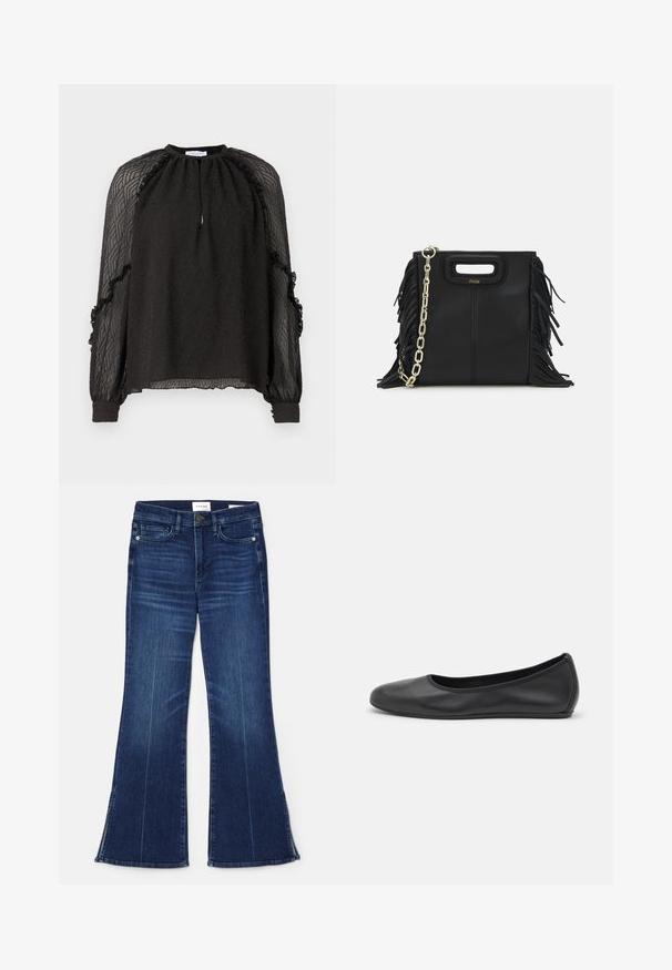 Hofmann Copenhagen XENIA - Pusero - black; Tummansiniset leveälahkeiset farkut, jotka on valmistettu denimmateriaalista. Ominaisuuksiin kuuluu korkea vyötärö, etupocketit ja halkiokohdat helman kohdalla. Klassinen viiden taskun muotoilu.; Musta nahkainen ballerina, jossa on pyöristetty kärki, sileä pinta, minimaalinen ommelkoristelu ja joustava pohjamuotoilu.; Musta nahkakäekott, millel on frantsiisidetailid, kuldne õlgade rihm ja lõikega käepide. Ees on logo paigutus.