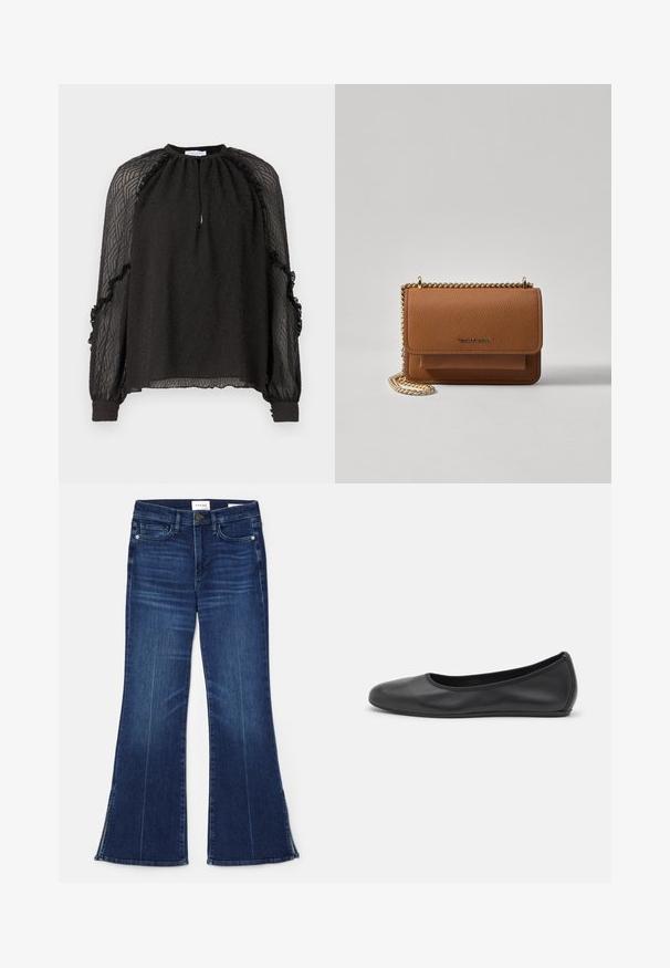 Hofmann Copenhagen XENIA - Camicetta - black; Jeans a zampa d'elefante blu scuro in denim. Caratterizzati da una vita alta, tasche anteriori e dettagli con spacco all'orlo. Design classico a cinque tasche.; Pantofole da balletto nere in pelle con punta arrotondata, texture liscia, dettagli di cucitura minimi e design con suola flessibile.; Borsa a tracolla in pelle marrone con texture, dotata di catena dorata e chiusura a pattina. Sul davanti presenta un dettaglio con logo e una tasca sotto la pattina.