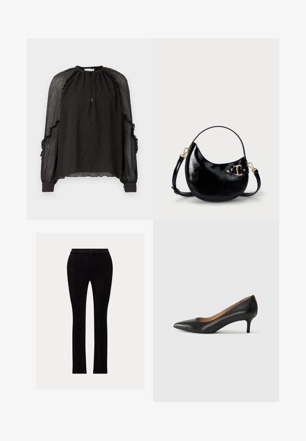 Hofmann Copenhagen XENIA - Blouse - black; Black trousers made of a smooth, velvet-like fabric. Tailored fit with a straight leg, featuring a traditional waistband and belt loops.; Black leather pump with a pointed toe, low heel, and a smooth texture. Features a slight opening at the front and minimal hardware at the back.; Black patent leather handbag with a curved shape, adjustable strap, and gold-tone hardware detail on the side. Smooth, shiny texture.