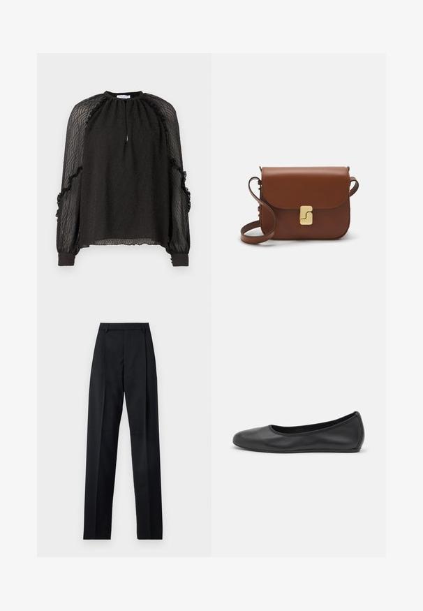 Hofmann Copenhagen XENIA - Bluse - black; Schwarze Hosen aus glattem Stoff mit hoher Taille, weitem Bein, vorderen Falten und klassischen Gürtelschlaufen. Keine sichtbaren Seitentaschen.; Schwarze Leder-Ballettschuhe mit abgerundeter Spitze, glatter Textur, minimalen Nähdetails und einem flexiblen Sohlen-Design.; Braune Ledertasche mit Klappenverschluss, Beschlägen in Goldfarbe, einem Schultergurt und einer glatten Oberfläche. Kompakte rechteckige Form.