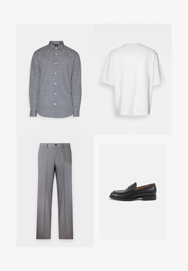 Langermet skjorte i svart og hvitt med et geometrisk mønster, knappestolpe, regulær passform og knappefeste foran.; Hvit t-skjorte med korte ermer, løs passform, rund hals, glatt bomullsstoff, udekorerte bak, rett nederkant, ingen mønstre eller detaljer.; Grå skreddersydde bukser med flat front, to sidelommer og en enkel knappelukking. Glatt tekstur med et subtilt stripe-mønster.; Sorte lær loafers med en glat overflade, rund tå og dekorativ syning på forfoden. Lav stablet hæl og let glans.
