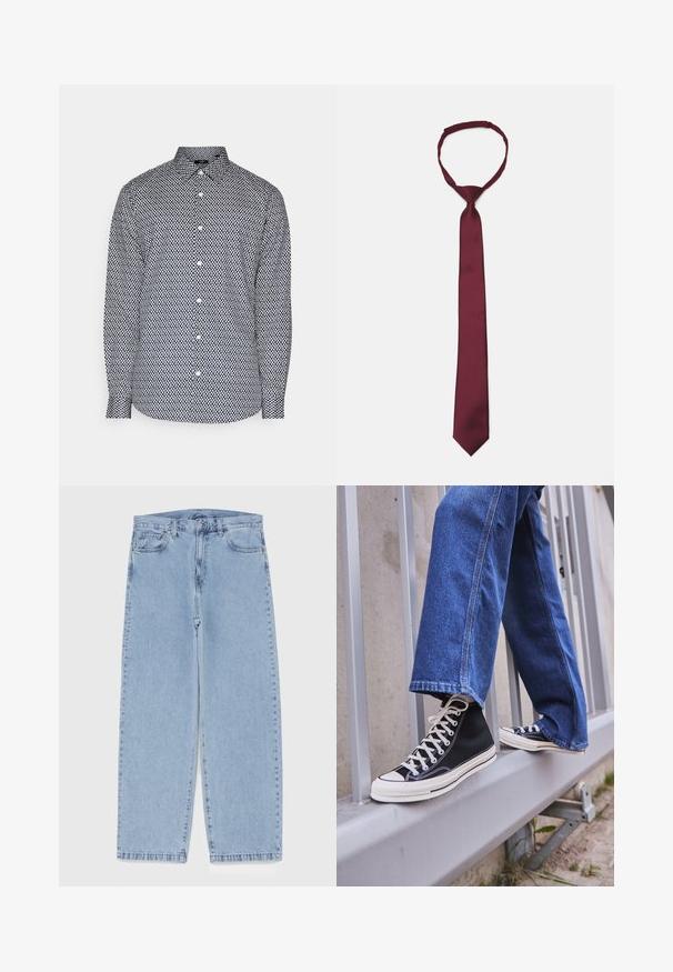 Mustade ja valgete geomeetriliste mustritega pikad varrukad, nööpkaelus, tavaline lõige ja nööpide ees sulgemine.; Heled sinise denimi sirgete põlvede lõikega teksad, millel on keskmise kõrgusega vöökoht, viis taskut ning nööbid ja tõmblukk.; Mustad mustade kõrgete tossudega, millel on valge tallaga ja valged paelad, koos vaba sinise denimidega, mis puhkavad hallil piiridel.; Burgundy satiinist lipsuka, sileda tekstuuriga, kitsas laius ja terav ots; varustatud mugava kinnituskummiga.