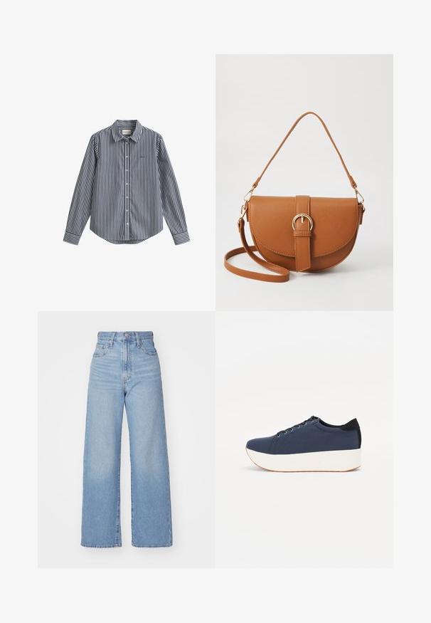 Marineblaue und weiße gestreifte Hemdbluse mit Kragen, langen Ärmeln und rundem Saum. Verfügt über ein kleines Logo auf der Brust.; Hellblaue High-Waist-Weite-Leg-Jeans mit Knopf- und Reißverschluss vorne, Vorder- und Rückentaschen, auf weißem Hintergrund.; Dunkelblaue Sneaker mit einem strukturierten Obermaterial, weißer Plattformsohle, runder Zehenpartie und schwarzem Fersenakzent. Verfügt über sechs Ösen für die Schnürsenkel.; Braune Leder-Crossbody-Tasche mit geschwungener Form, goldfarbenen Beschlägen und einer Schnallenakzentuierung. Verfügt über einen abnehmbaren Schultergurt.