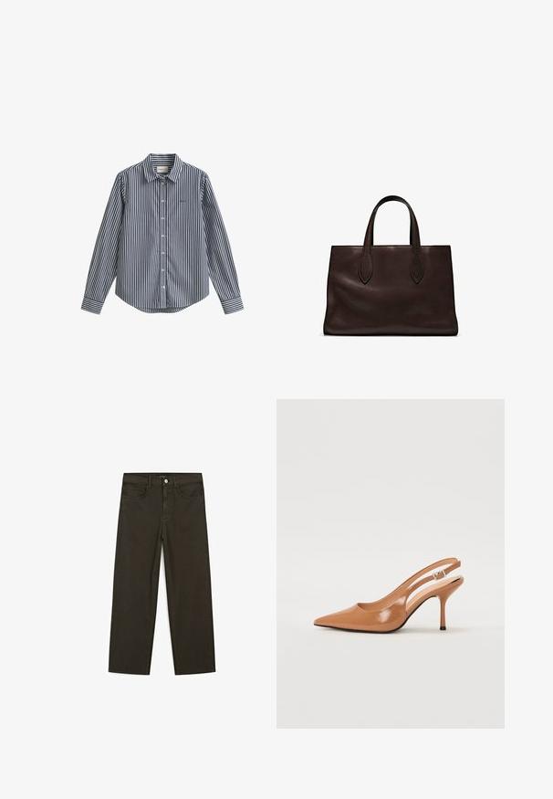 Marineblå og hvide stribet skjorte med knapper, krave, lange ærmer og afrundet kant. Har en lille logo på brystet.; Mørkegrønne brede jeans lavet af en bomuldsblanding, med en frontlukning med knap, fem lommer og klassisk denim-syning.; Spids tå slingback hæl i et glat, blankt tan materiale. Har et buet udskæring design og en slank stiletto hæl. Sølv spænde detalje.; Brun læder tote bag med to forlængede håndtag, struktureret rektangulær form, glat overflade og subtile syninger.