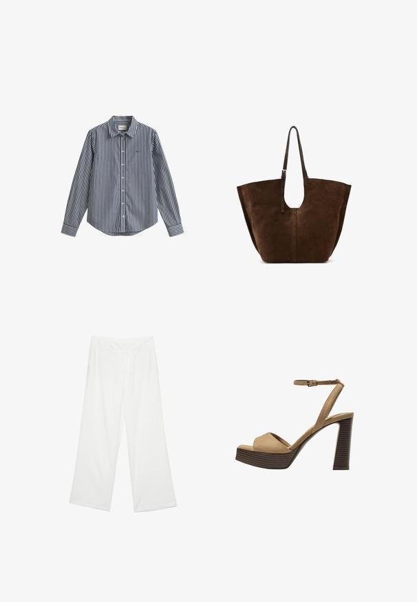 Košulja s gumbima bijelo-plave prugaste boje, s ovratnikom, dugim rukavima i zaobljenim rubom. Na prsima ima mali logo.; Široke hlače od bijele tkanine, s glatkom teksturom, prednjim džepovima i klasičnim pojasom s petljama za remen.; Beige suedirane sandale s visokim potpeticama, širokom prednjom trakom i trakicom oko gležnja, s debelom drvenom blok-potpeticom s teksturiranim završetkom.; Smeđi suede toter s širokim tijelom, otvorenim vrhom i jednostavnim dizajnom, sa dugim kožnim trakama i izrezanim detaljem ručke.