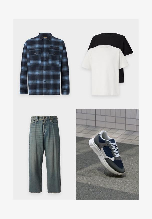 Button-up long-sleeve shirt with blue and black plaid pattern, two front buttoned chest pockets, and a small "Replay" label on the left pocket.; Cotton t-shirt set featuring a black top and a white top, both with short sleeves, round neckline, and standard fit. Textured fabric.; Light blue denim jeans with a loose fit, mid-rise waist, and straight legs. Features five pockets, belt loops, and a button closure.; Sneaker featuring a navy blue mesh upper, gray suede accents, white rubber sole, and flat white laces, designed for comfort and breathability.