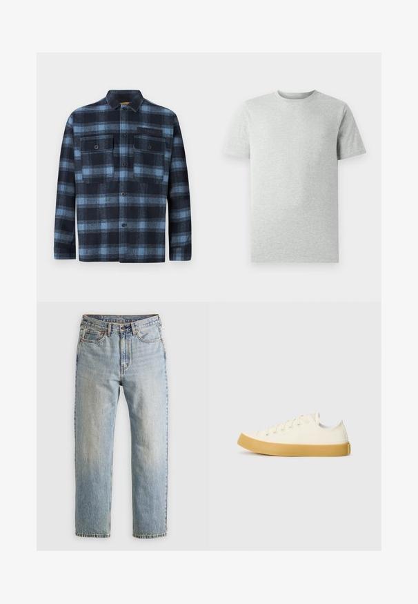 Nööbiga pikkade varrukatega särk sinise ja musta ruudulise mustriga, kahe nööpidega rinna-taskuga ja väike "Replay" silt vasakul taskul.; Ühtlane heledahall lühikeste varrukatega ümmarguse kaelusega T-särk, esiplaanil, valge tausta ees, ilma nähtavate logode või kujunditeta.; Heledad hele sinine teksapükste kõrge vöökoht, ees nupuga, lukuga ja viie taskuga disain, asetatud tasasele neutraalsele taustale.; Kangasneakerid kreemjas valges, ümmarguse varbaga, beeži kummitaldaga ja viie silmaga paelte jaoks, tekstuurse viimistlusega ülaserv.