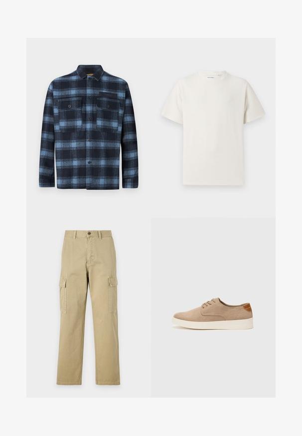 Camicia a maniche lunghe con bottoni, in fantasia a quadri blu e nera, due tasche frontali con bottoni sul petto e una piccola etichetta "Replay" sulla tasca sinistra.; T-shirt bianca a maniche corte in texture a coste. Girocollo, vestibilità rilassata, senza modelli o accenti visibili. Design semplice e versatile.; Pantaloni cargo beige in cotone, dotati di due tasche laterali, chiusura con bottone e gamba dritta con tessuto leggermente texture.; Sneaker in suede beige con punta arrotondata, stringhe davanti e un accento testurizzato sul retro. La suola in gomma bianca offre un contrasto. Design semplice e moderno.