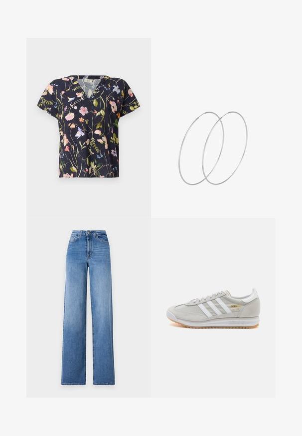 Floreales V-Hals T-Shirt aus navy Stoff, mit mehrfarbigen Blumenmustern und kurzen Ärmeln. Leicht und mit lockerem Schnitt.; Helleblaue, weit geschnittene Jeans aus Denim mit hoher Taille, Vorderaschen und einem normalen Knopfverschluss. Glatte Textur.; Hellgraue Sneaker aus Wildleder und Mesh, mit drei weißen Streifen, runder Zehenpartie und einer Sohle aus Gummi. Goldenes Logo-Detail nahe der Schnürsenkel.; Silberne Creolen mit minimalistischem Design. Rundform, glatte Oberfläche und dünnes Profil. Leichtgewichtig mit hochglänzender Oberfläche.