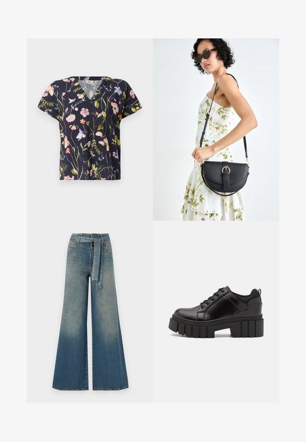 Jūros spalvos gėlėmis marginta V-apykaklės T-marškiniai su trumpomis rankovėmis. Lengvas, su laisvu kirpimu.; Platus džinsinis kelnes su šviesiai tamsiai mėlynu gradientu, aukštu juosmeniu, diržo kilpomis ir atitinkančiu audinio diržu. Textūruotas džinsinis paviršius.; Juodi odiniai platformos batai su masyviu blokuota kulniuku, apvalia nosimi ir tradiciniu šnypštimo dizainu. Turintys glotnų paviršių ir minimalų dekoravimą.; Juodas odinis krepšys su išlenkta forma, nuimamu dirželiu ir auksiniais detalėmis. Krepšys turi kilpą su sagtimi.