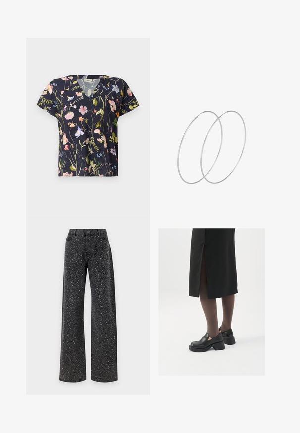 Blommig V-ringad t-shirt i marinblått tyg, med flerfärgade blommönster och korta ärmar. Lättviktigt med en avslappnad passform.; Noisy May NMJANNEL LOOSE - Jeans relaxed fit - black denim; Svarta läderskor med rund tå, tjock klack utan häl och elastiska sidodetaljer, kombinerat med mörka strumpbyxor och en svart kjol med slits.; Silverfärgade hoopörhängen med en minimalistisk design. Cirkulär form, slät yta och tunn profil. Lätta med en polerad finish.