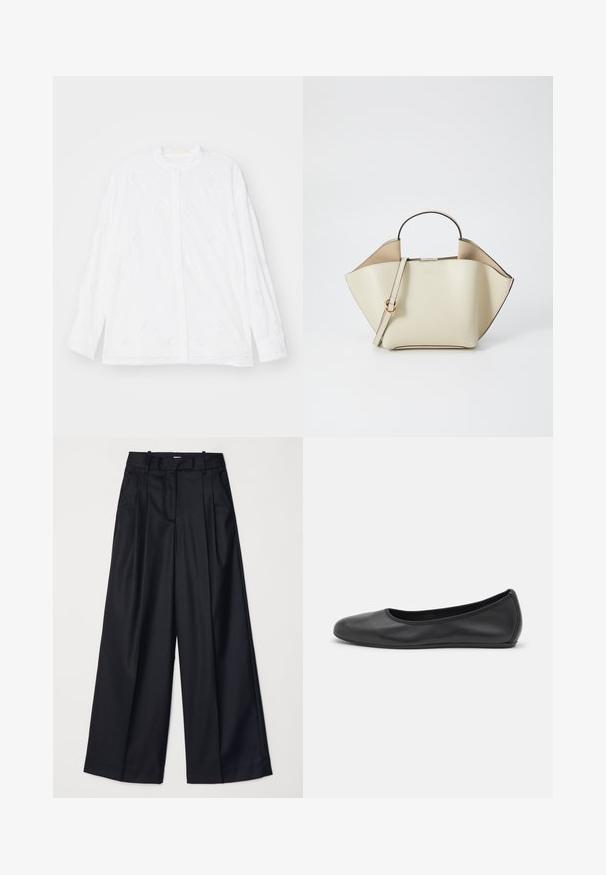 Erdem LONG SLEEVE OPEN BACK - Užsagstoma palaidinė - white; Juodos plačios kojų kelnės, pagamintos iš lygaus audinio, su aukštu liemeniu, klostėmis ir pritaikytu dizainu. Paprasta juoda detalių sistema liemens srityje.; Juodai odiniai baletai su apvaliu pirštu, lygi texture, minimalus siuvimo detales ir lanksčiu padų dizainu.; Ree Projects ANN - Rankinė - beige