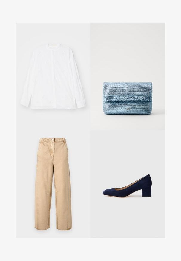 Erdem LONG SLEEVE OPEN BACK - Skjortebluser - white; Beige bredde benbukser med knaplukning, to sidelommer, let slid og frynser i kanten. Lavet af et blødt, tekstureret stof.; Marinblå ruskinds pumps med spids tå og en mellemstor blokhæl. Glat tekstur med en subtil glans og et lille udskæringer foran.; Lyseblå vævet clutchtaske med en tekstureret overflade og frynse-detaljer foran. Har en slank rektangulær form og subtil branding.